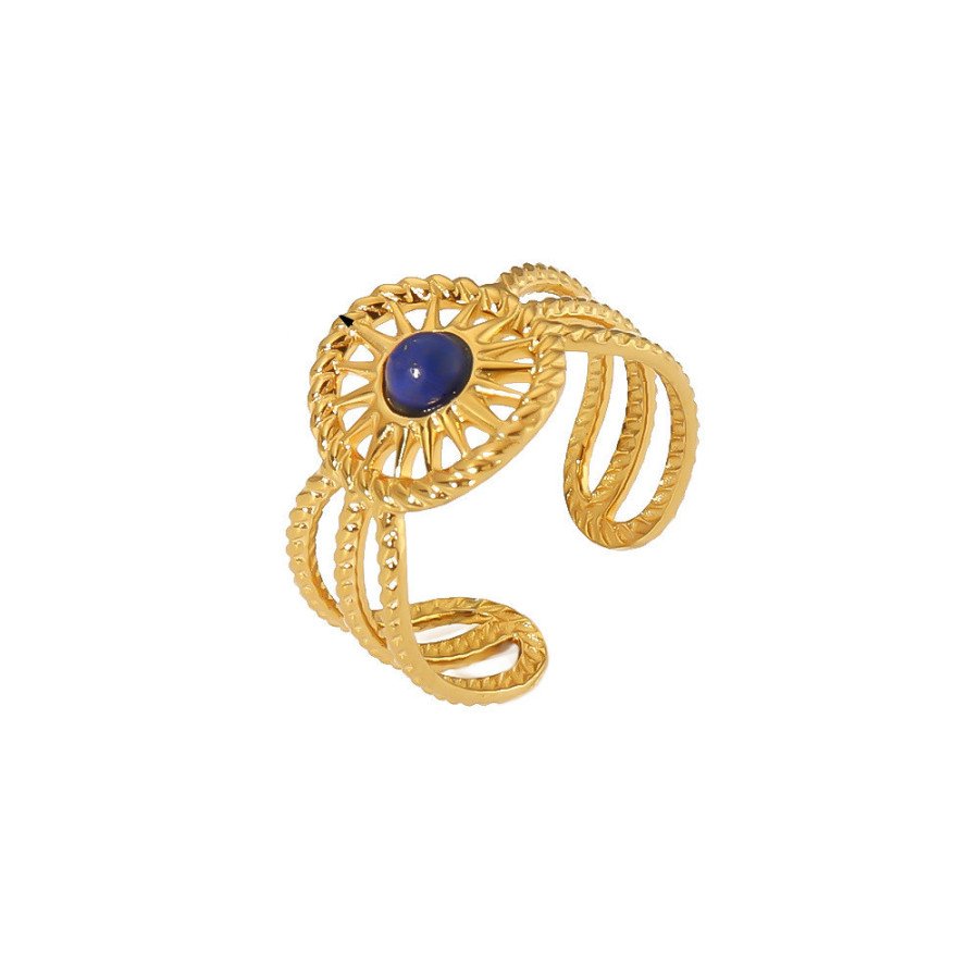 Bague ajustable "Rosace Impériale avec Pierre Bleue | Bague en acier inoxydable plaqué or 18k