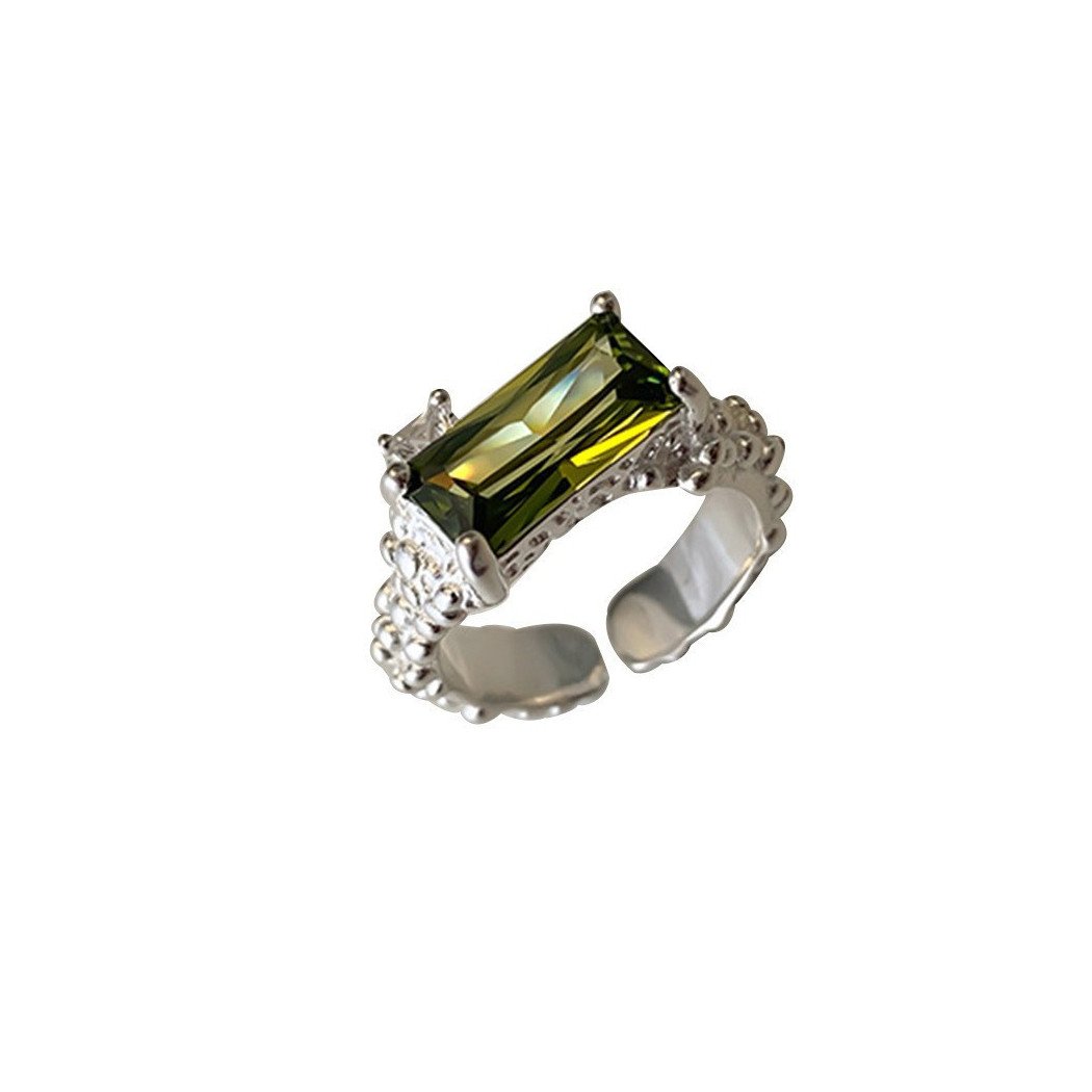Bague ajustable en argent sterling S925 avec zircon rectangulaire vert olive