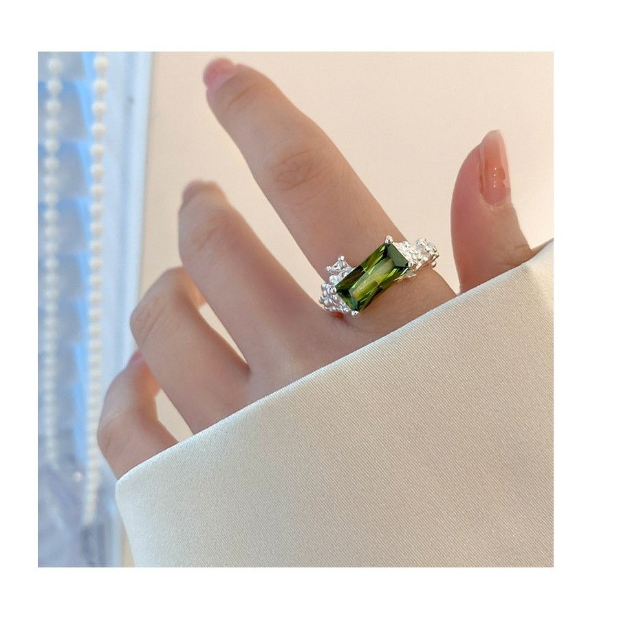 Bague ajustable en argent sterling S925 avec zircon rectangulaire vert olive