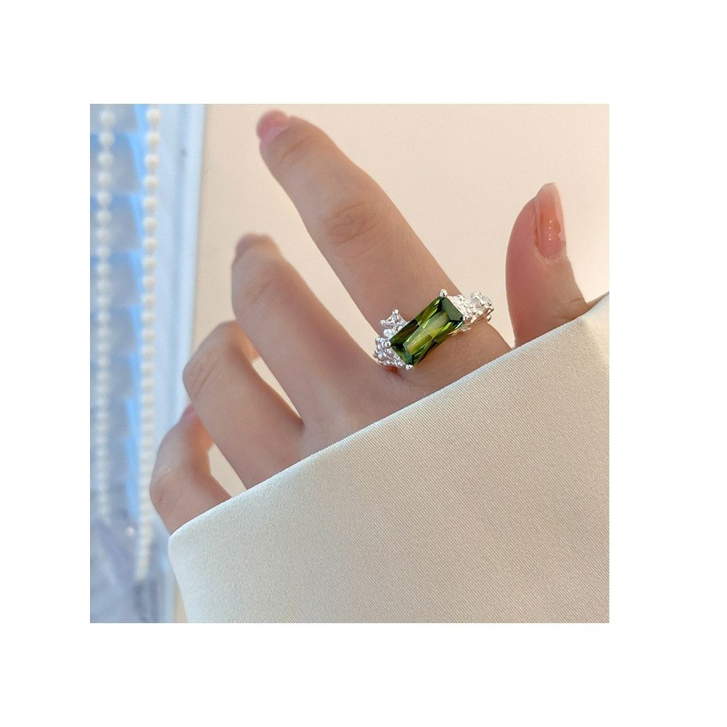 Bague ajustable en argent sterling S925 avec zircon rectangulaire vert olive