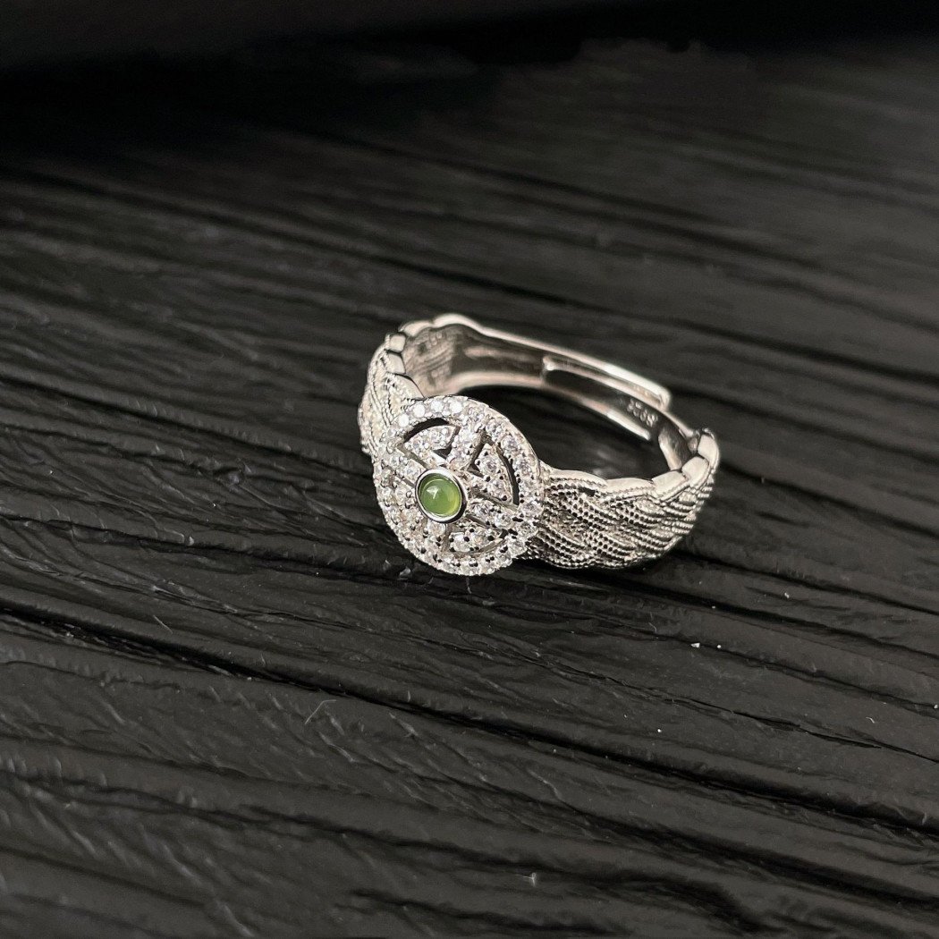 Bague en dentelle argent S925 ajustable avec jade verte naturelle