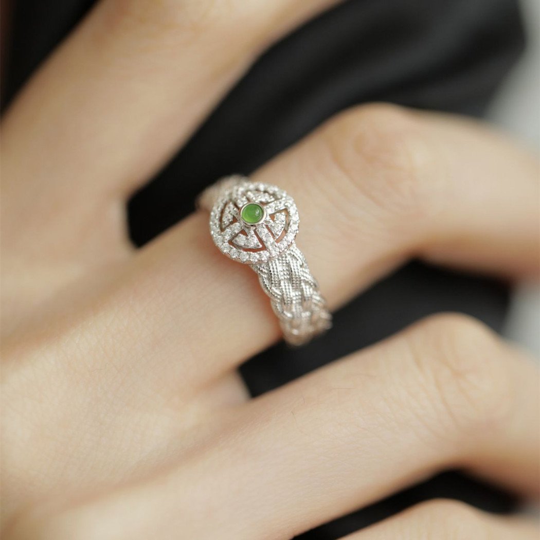 Bague en dentelle argent S925 ajustable avec jade verte naturelle