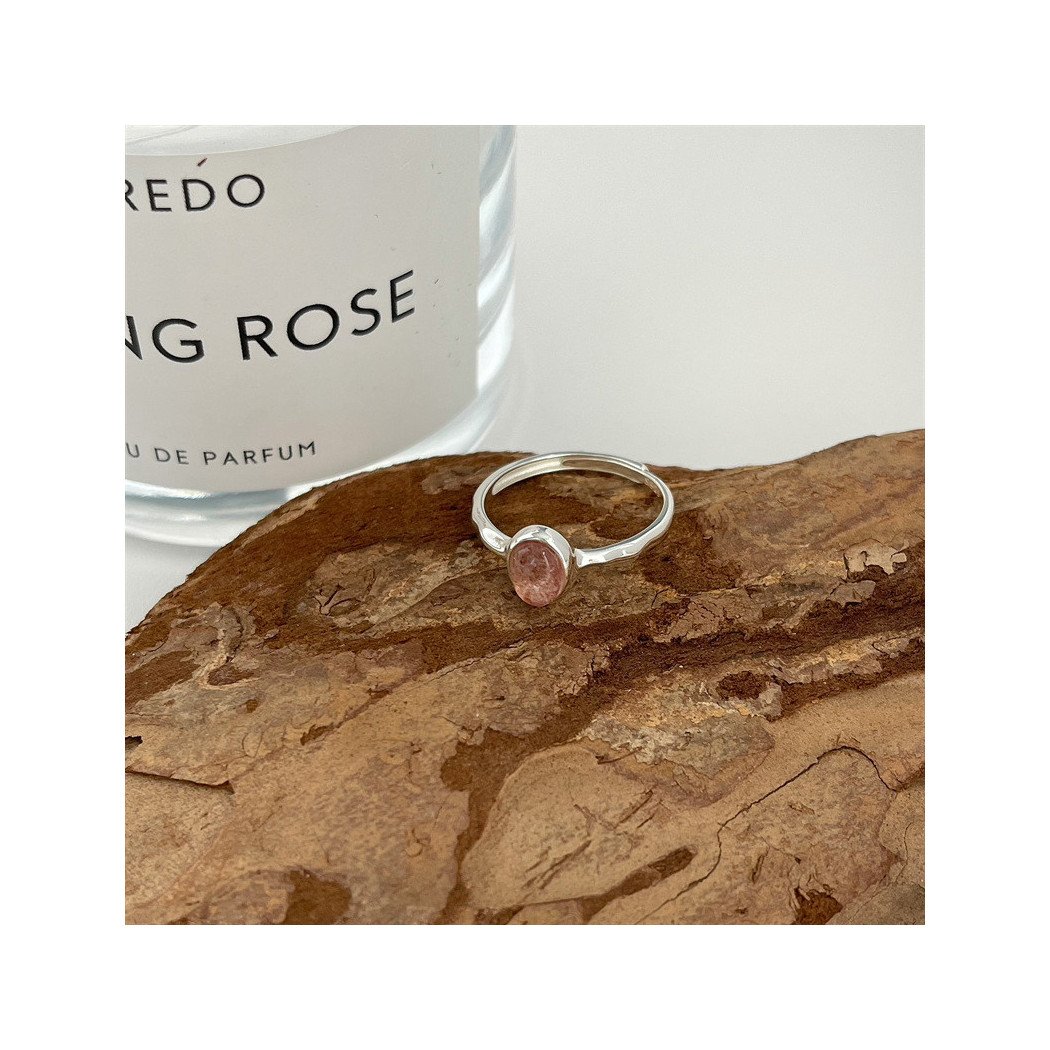 Bague ajustable en argent S925 avec cristaux rose de fraise élégants