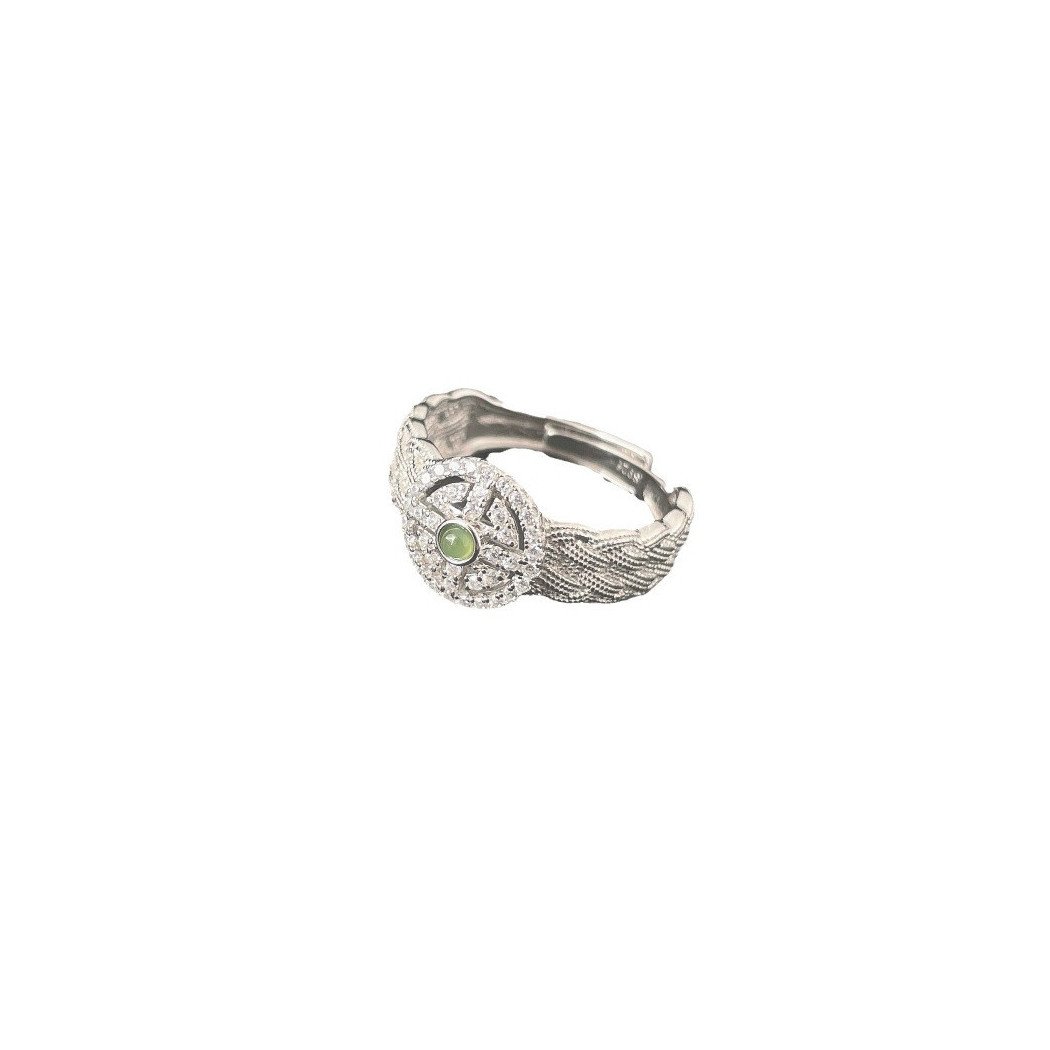 Bague en dentelle argent S925 ajustable avec jade verte naturelle