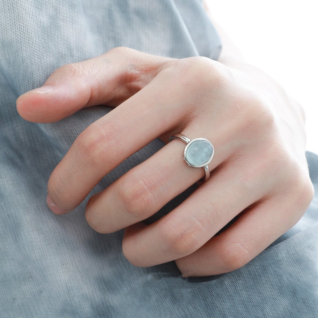 Bague ajustable en argent sterling S925 avec aigue-marine ovale