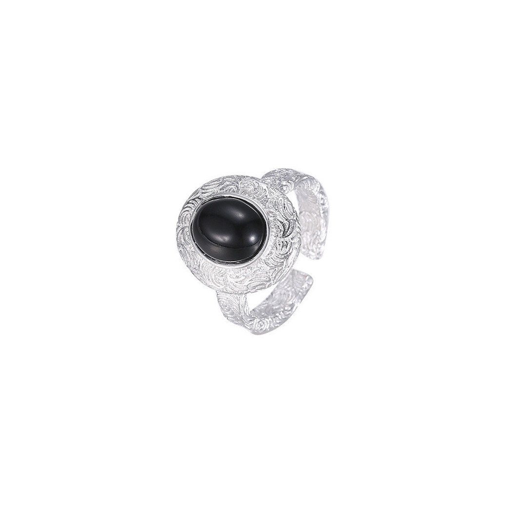 Bague ajustable en argent S925 avec pierre naturelle d’Agate noire texturée