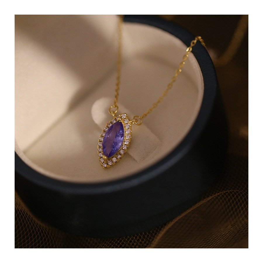Collier en argent sterling S925 plaqué or - Pendentif solitaire ovale zircon violet