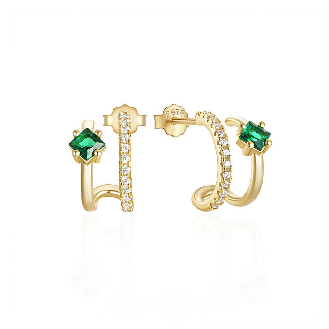 Boucles d'Oreilles Trio Émeraude et Zircon Doré - Argent Sterling Plaqué Or 18k