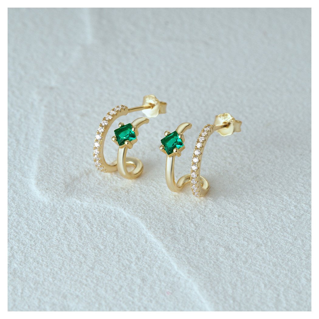 Boucles d'Oreilles Trio Émeraude et Zircon Doré - Argent Sterling Plaqué Or 18k
