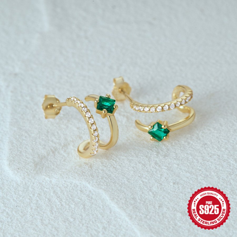 Boucles d'Oreilles Trio Émeraude et Zircon Doré - Argent Sterling Plaqué Or 18k