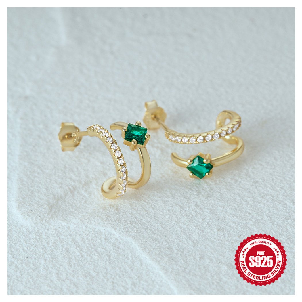 Boucles d'Oreilles Trio Émeraude et Zircon Doré - Argent Sterling Plaqué Or 18k