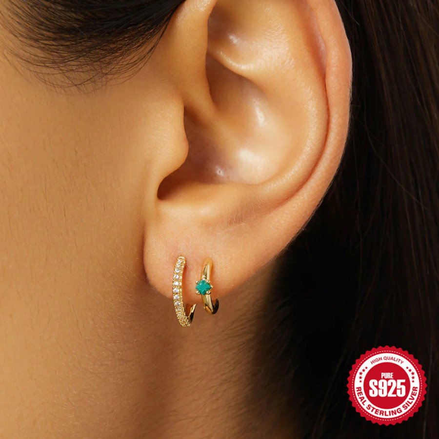 Boucles d'Oreilles Trio Émeraude et Zircon Doré - Argent Sterling Plaqué Or 18k
