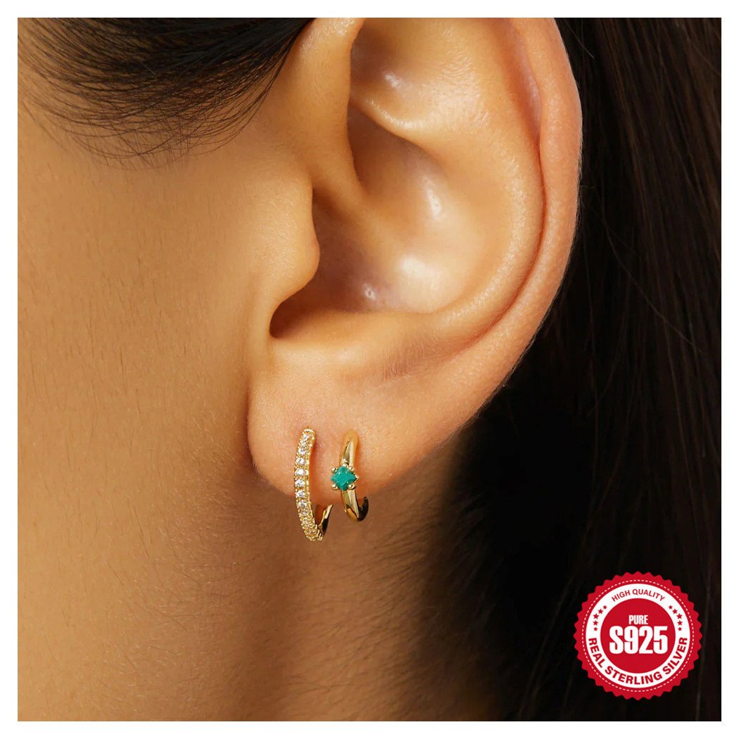 Boucles d'Oreilles Trio Émeraude et Zircon Doré - Argent Sterling Plaqué Or 18k