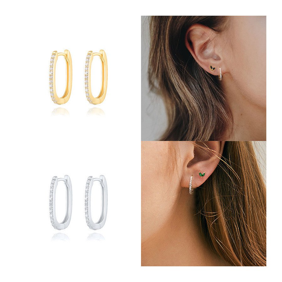 Boucles d’oreilles créoles rectangulaires en argent sterling 925 plaqué or 18K serties de zircons