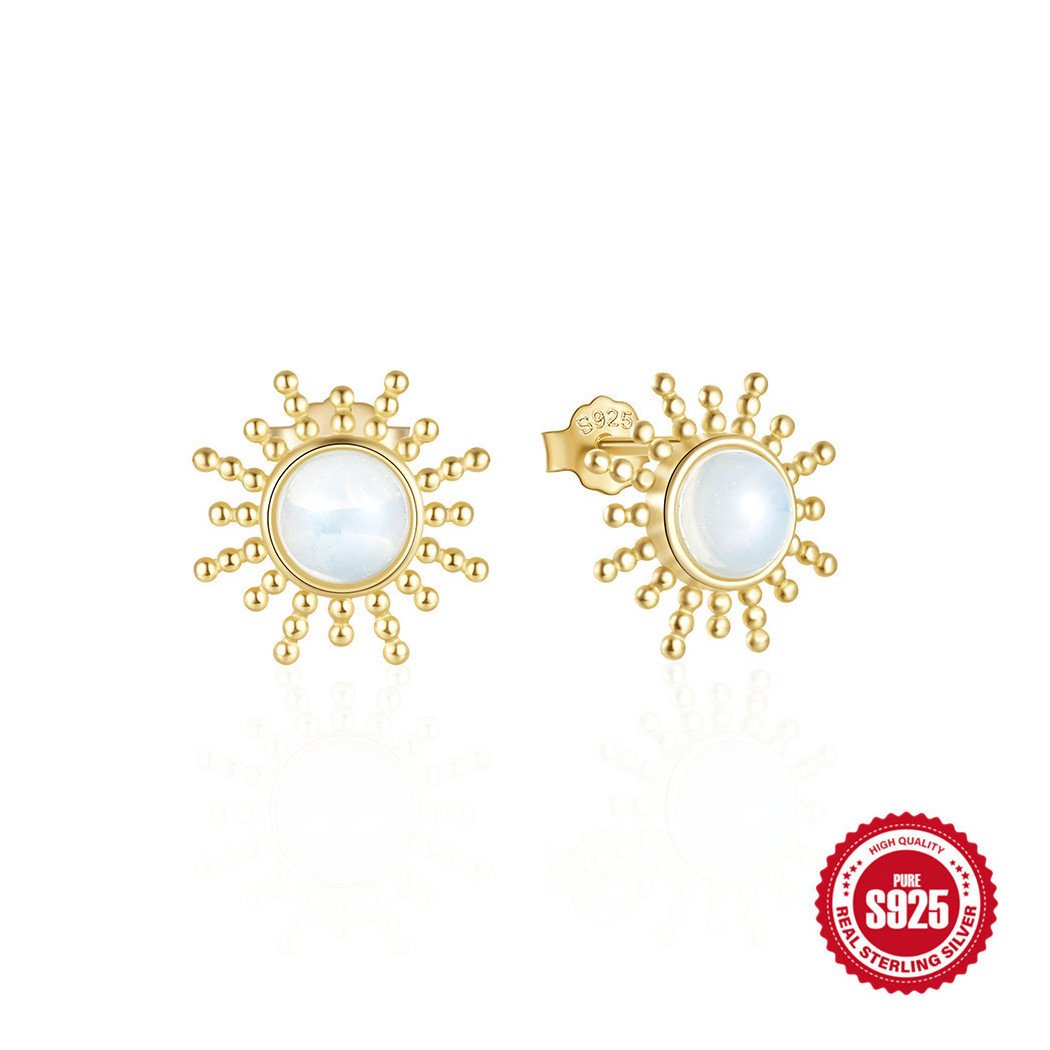 Boucles d'oreilles motif soleil en argent S925 plaqué or 18k avec pierre de lune naturelle