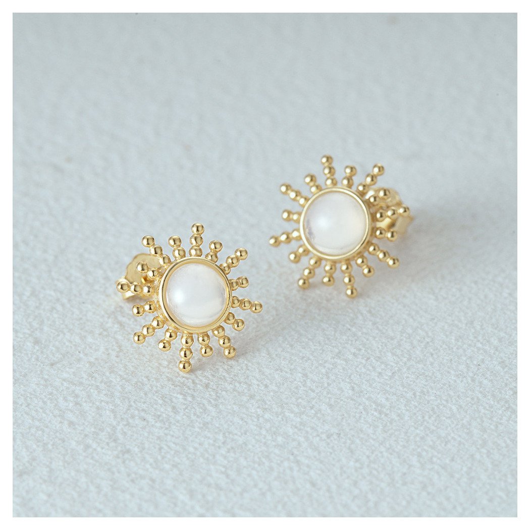 Boucles d'oreilles motif soleil en argent S925 plaqué or 18k avec pierre de lune naturelle