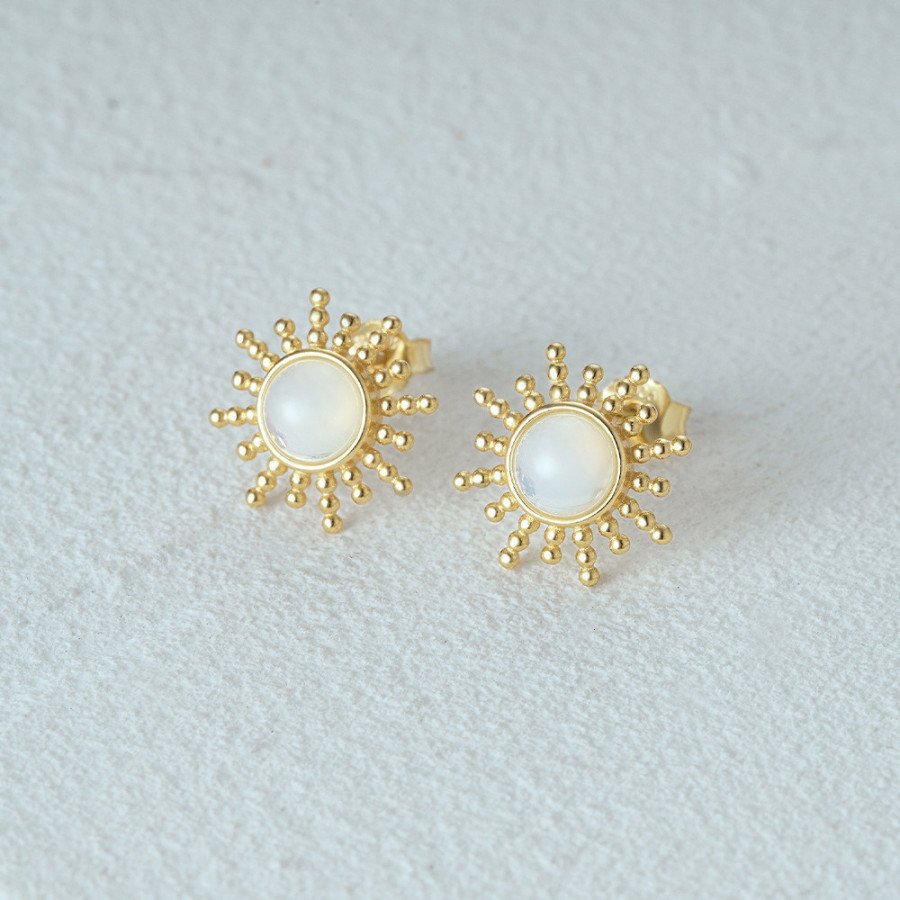 Boucles d'oreilles motif soleil en argent S925 plaqué or 18k avec pierre de lune naturelle