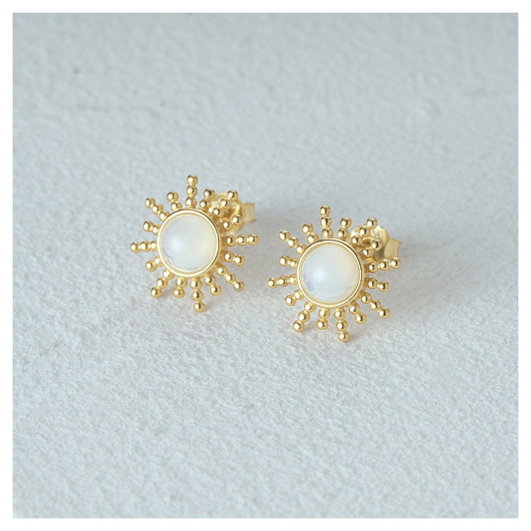 Boucles d'oreilles motif soleil en argent S925 plaqué or 18k avec pierre de lune naturelle