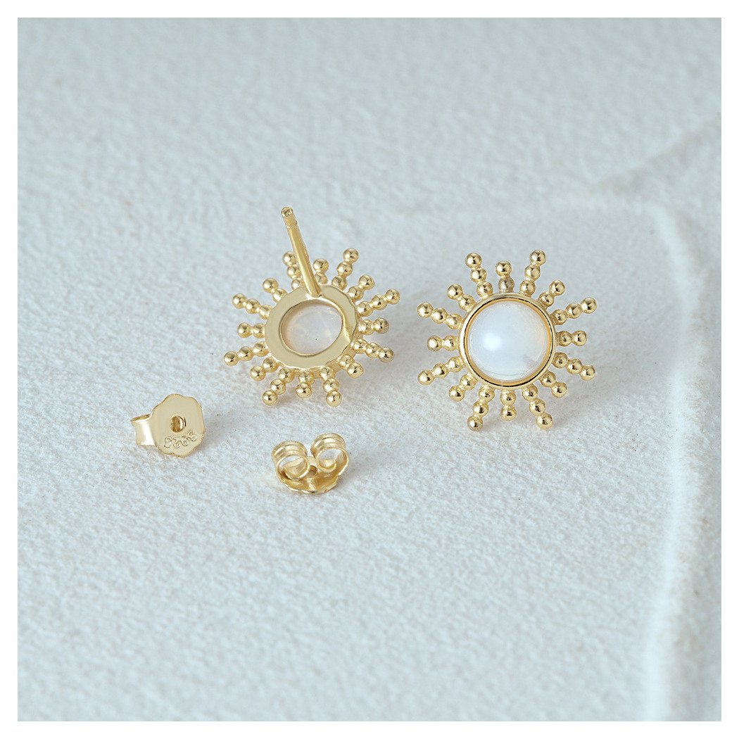 Boucles d'oreilles motif soleil en argent S925 plaqué or 18k avec pierre de lune naturelle