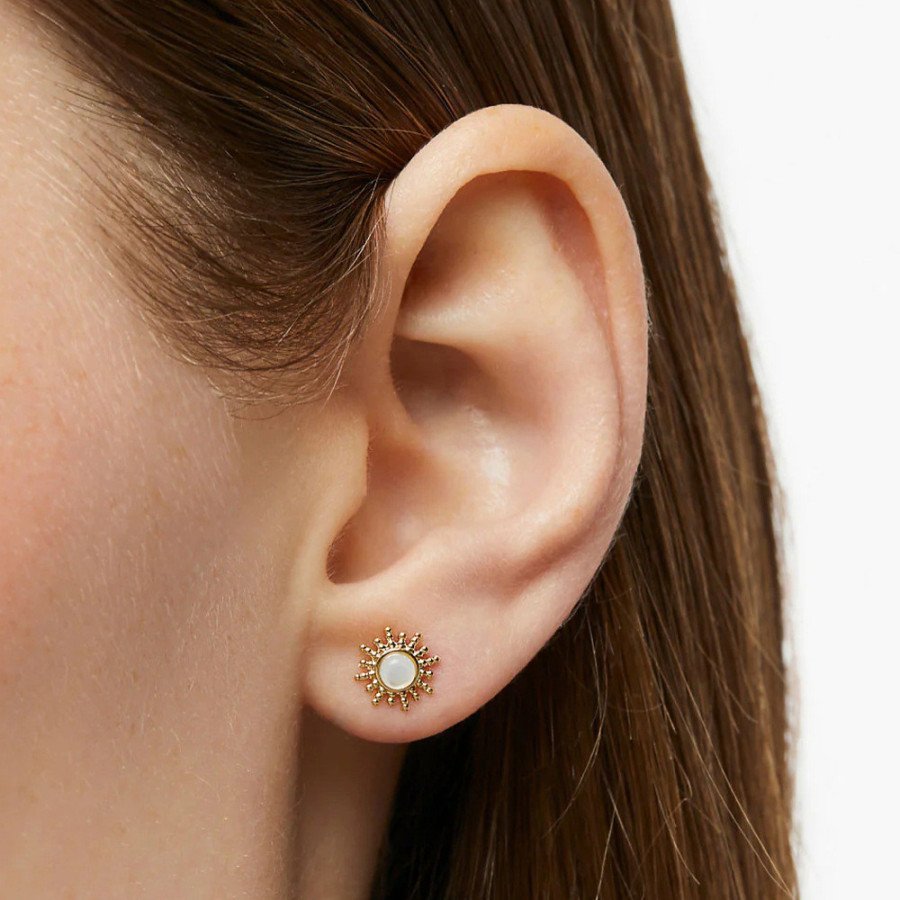 Boucles d'oreilles motif soleil en argent S925 plaqué or 18k avec pierre de lune naturelle