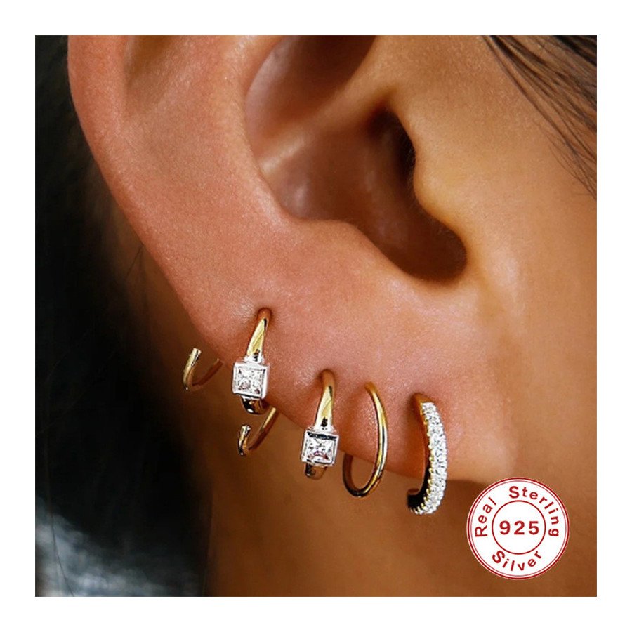 Boucles D'Oreilles Anneaux Ouverts Doré - Zircons et Argent S925 Plaqué Or 18k