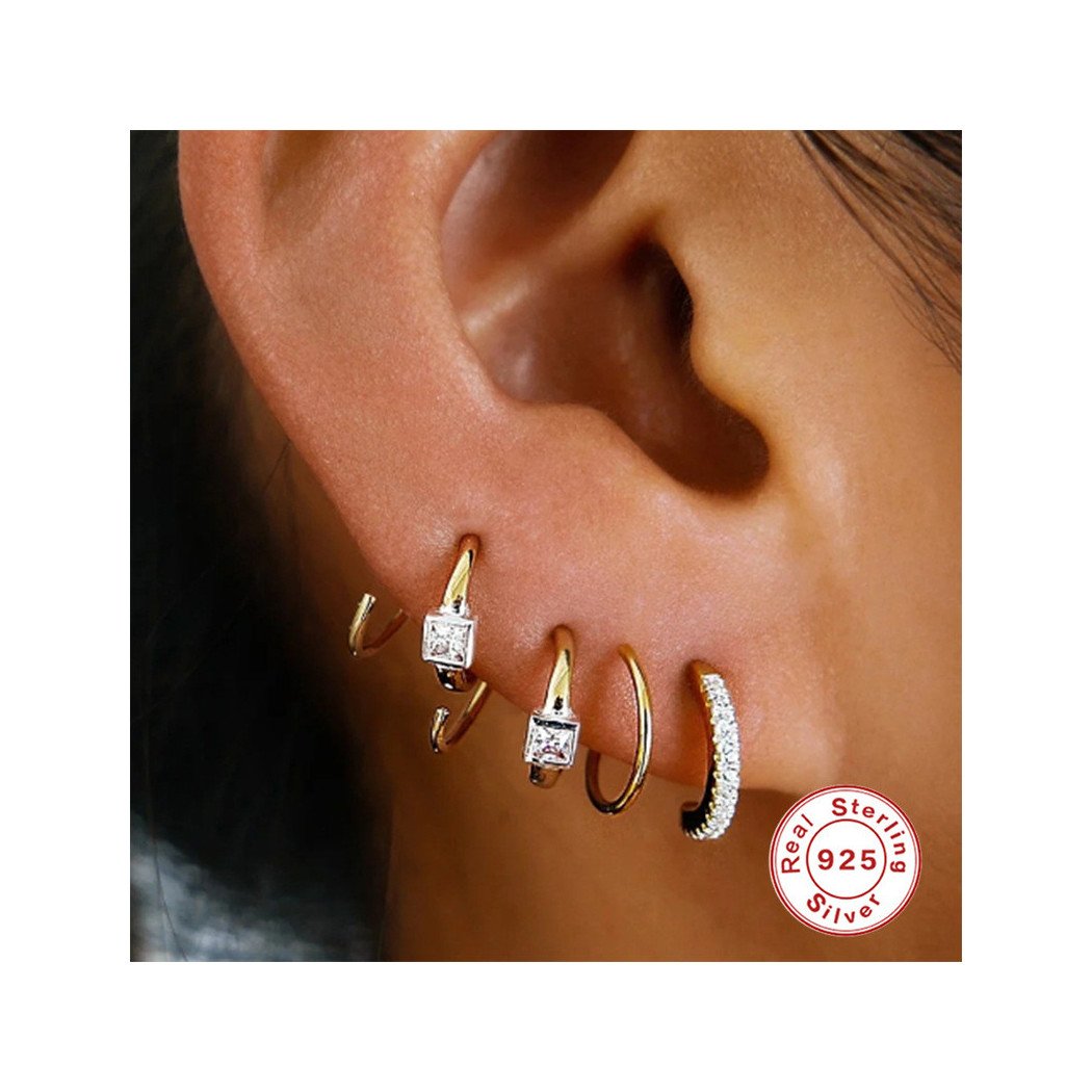 Boucles D'Oreilles Anneaux Ouverts Doré - Zircons et Argent S925 Plaqué Or 18k