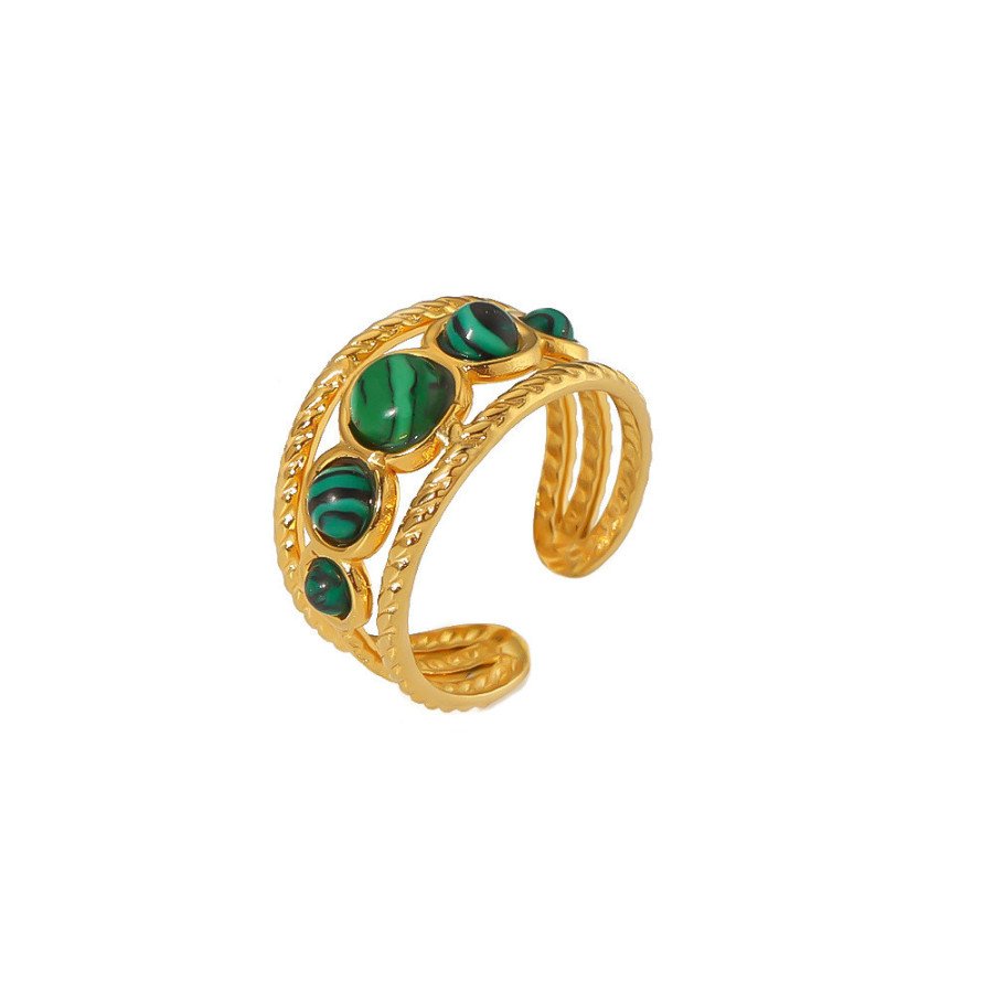 Bague ajustable avec pierre Malachite | Bague en acier inoxydable plaqué or 18k