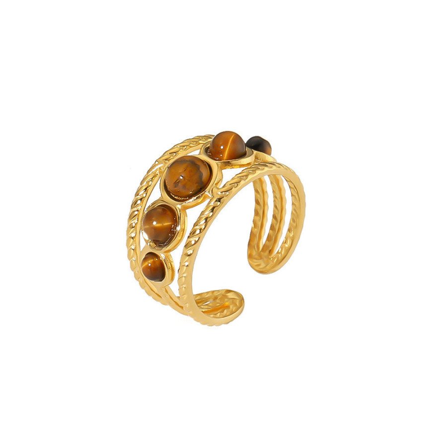 Bague ajustable Multi-Bandes  avec Oeil de Tigre | Bague en acier inoxydable plaqué or 18k